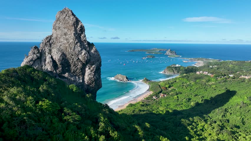 Volcano Rock In Fernando De Noronha Pernambuco Brazil. Aerial View Of Stunning Beach With Crystal Clear Waters. Island Life Landscape Idyllic Beautiful. Island Life Water Edge Coast.