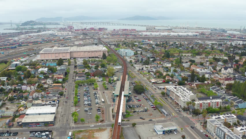 Aerial view of Port of Oakland harbor cargo cranes shipping crates Bay Area 12 - Aerial Drone View
