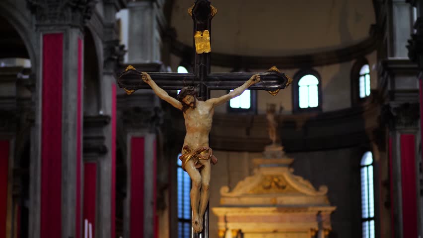 Statue of Jesus Christ on the Cross Inside Historic Church in Italy