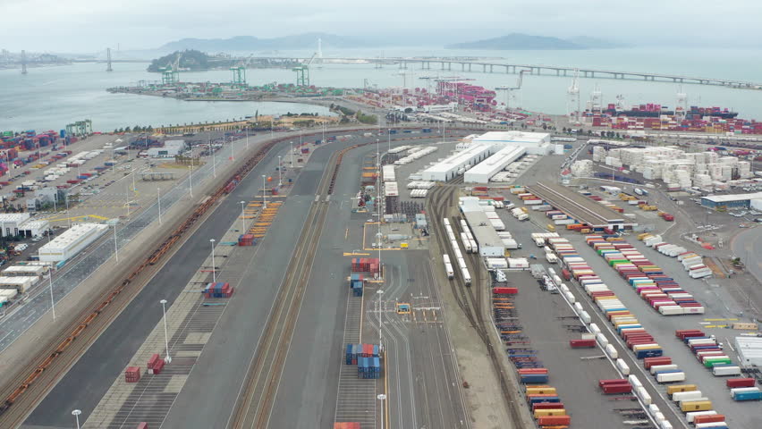 Aerial view of Port of Oakland harbor cargo cranes shipping crates Bay Area 07 - Aerial Drone View