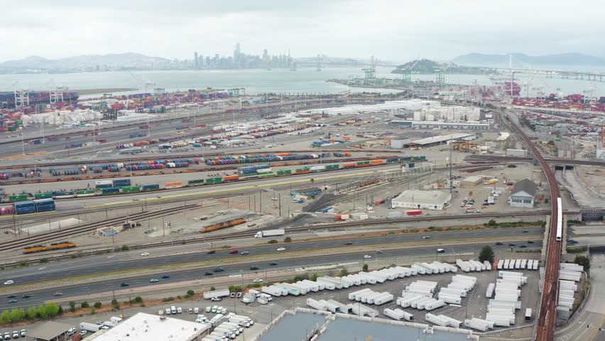 Aerial view of Port of Oakland harbor cargo cranes shipping crates Bay Area 05 - Aerial Drone View