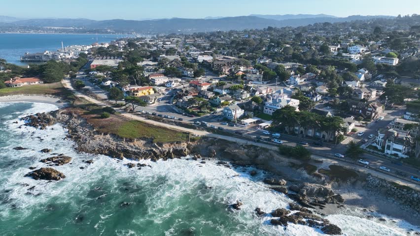 Coast Beach In Monterey California United States. Breathtaking Aerial View Of A Lush Tropical Coastline Scenery. Shore Sky Clouds Beach Sea. Seaside Scenic Coastline. Monterey California.