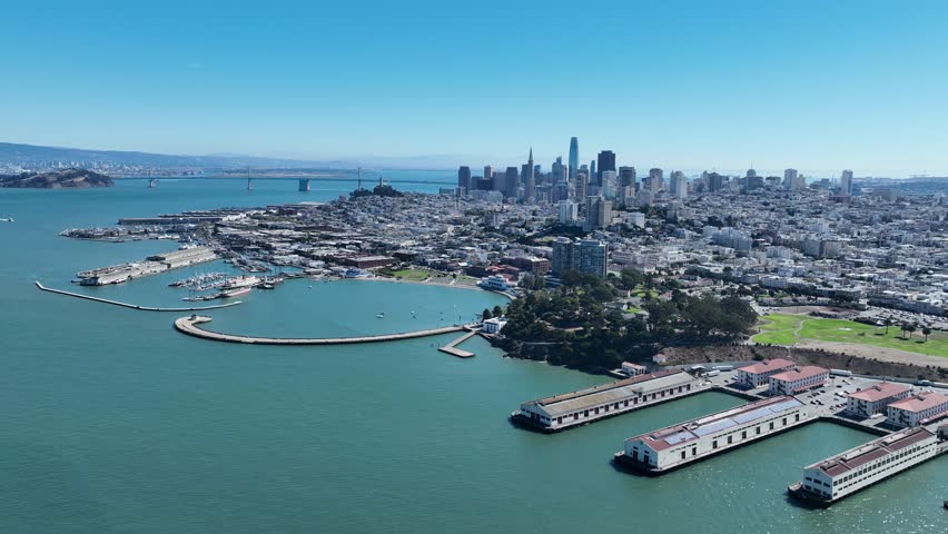 San Francisco Bay In San Francisco California United States. Stunning Tropical Coastline Beach Scene Viewed From Above. Industrial Landscape Buildings Stunning. Urban Buildings Town.