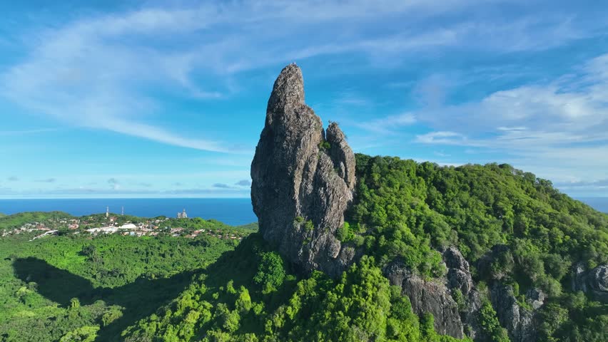 Mountain Peak In Fernando De Noronha Pernambuco Brazil. Aerial View Of Stunning Beach With Crystal Clear Waters. Paradise Skyline Idyllic Wanderlust. Paradise Watercolor Shore.