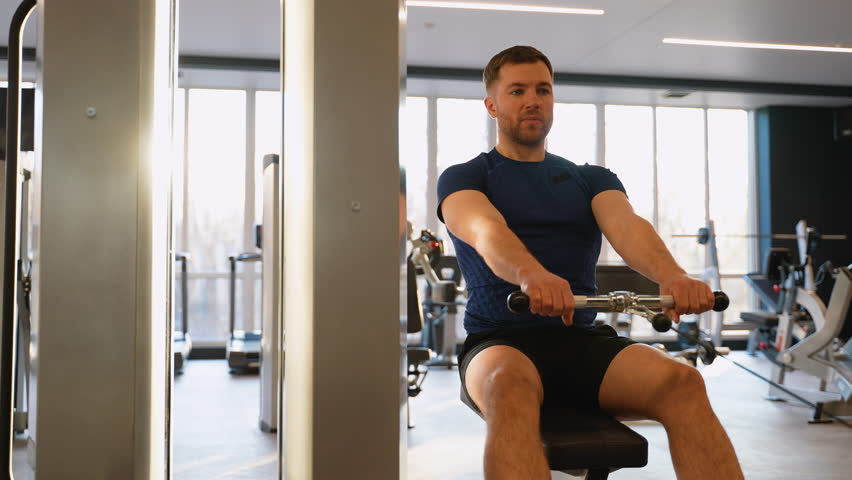 Man doing seated cable row back exercise in gym