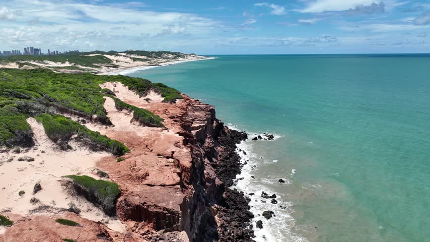 Scenic Canyons In Parnamirim Rio Grande Do Norte Brazil. Bird Eye View Of A Amazing Coastal Beach In The Summer Holiday. Coast Clouds Sky Seaside Summertime. Seaside Beach Scenic Coastline.