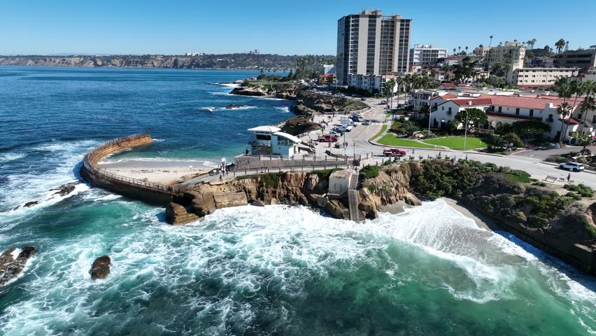 La Jolla Beach In San Diego California United States. Turquoise Ocean Waves Gently Crashing On Tropical Beach. Town Sky Backgrounds Urban. Backgrounds Downtown Panoramic City. San Diego California.