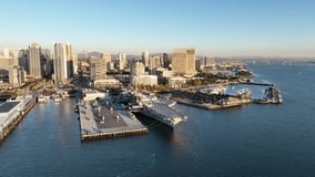 Navy Ship In San Diego California United States. Breathtaking Of Iconic Military Ship Viewed From Above. Business Sky Clouds Downtown Cityscape. Backgrounds Panoramic. San Diego California. - Powered by Shutterstock - Get 15% off with code: PIKWIZARD15
