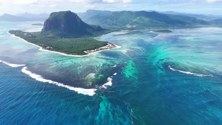 Underwater Waterfall In Le Morne Mauritius Island Mauritius. Aerial View Of Stunning Beach With Crystal Clear Waters. Island Life Landscape Season Beautiful. Summertime Season Coast.