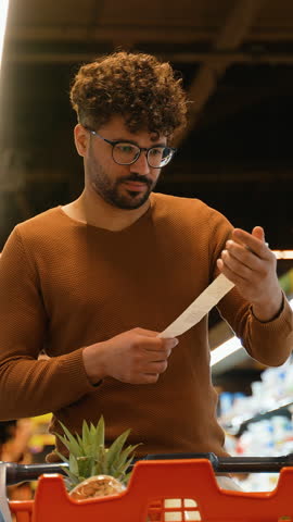 Arab man reading receipt, surprised by grocery prices