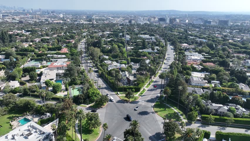 Beverly Hills In Los Angeles California United States. Bustling Downtown Cityscape With Modern Buildings. Business Sky Downtown Cityscape. Business Downtown Up Above. Los Angeles California.