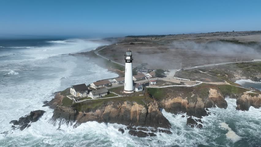 Lighthouse In Pescadero California United States. Aerial View Of A Landmark Tall Lighthouse In A Coast Beach. Coast Clouds Seaside Summertime. International Seaside Panorama. Pescadero California.