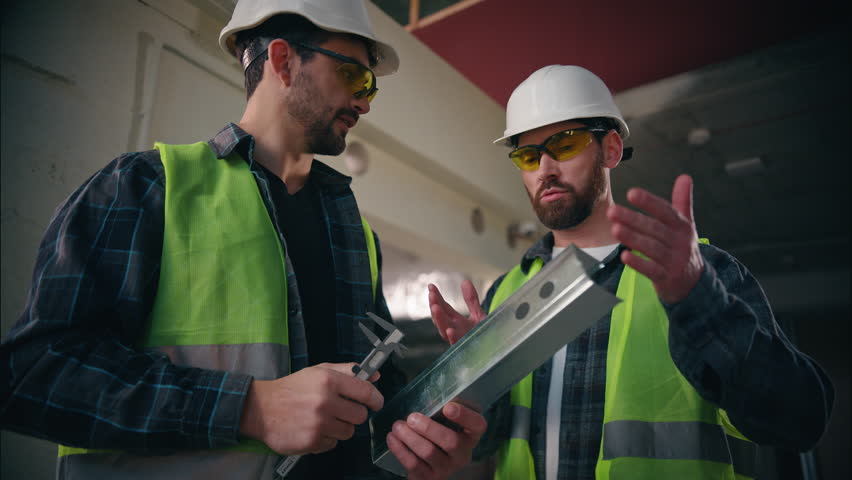 Caucasian men guys builders engineers talking discussing work repair in construction manufactory contractors repairmen holding metal detail reinforcement equipment workmen building labourers metalwork