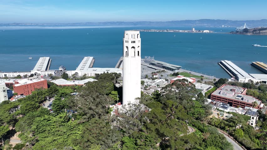 Coit Tower In San Francisco California United States. Modern City Center With Skyscrapers Reflecting The Urban Life. Construction Landscape Company Building Vibrant. Construction Town.