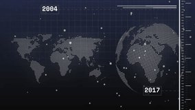 Dashboard loading showing map and globe rotating, updating years, code and scan lines for timeline. Digital interface, data visualization, futuristic design, technical environment, information - Powered by Shutterstock - Get 15% off with code: PIKWIZARD15