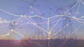 Sun rising sparking nodes emerging connecting with pulsing arcs across towers showing network. Futuristic, technology, connectivity, illumination, platform, industrial, atmospheric - Powered by Shutterstock - Get 15% off with code: PIKWIZARD15