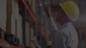 Warehouse inspector raising finger toward bin, animating growing node network for logistics. Technology, logistics, inventory, data, warehouse, digital, operations - Powered by Shutterstock - Get 15% off with code: PIKWIZARD15