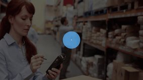 Warehouse worker tapping scanner touchscreen and scanning inventory, generating blue network icons. Inventory, logistics, technology, industrial, collaboration, productivity, automation - Powered by Shutterstock - Get 15% off with code: PIKWIZARD15