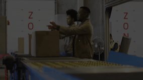 Packers scanning priority box and lifting boxes as network nodes initiating logistics connectivity. Automation, supply chain, industrial, digital, efficiency, teamwork, connectivity - Powered by Shutterstock - Get 15% off with code: PIKWIZARD15