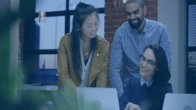 Project team scrolling laptop screen in tech office, building animated network overlay with icons. Collaboration, teamwork, digital, networking, innovation, communication, modernity - Powered by Shutterstock - Get 15% off with code: PIKWIZARD15