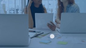 Female coworkers reviewing paper, growing tech web linking phone music icons after icon appearing. Collaboration, networking, digital, technology, communication, teamwork, modern - Powered by Shutterstock - Get 15% off with code: PIKWIZARD15