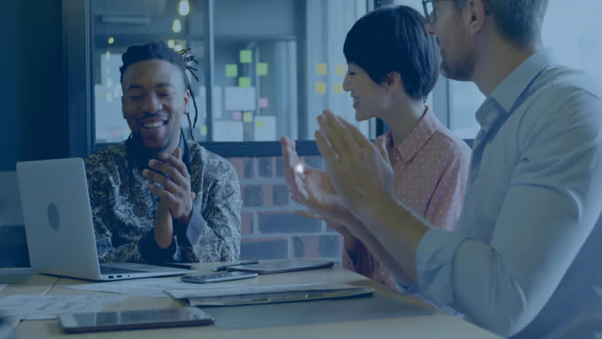 Team members clapping at meeting table, generating animated network graph for business growth. Collaboration, teamwork, digital, networking, business, workspace, connection - Powered by Shutterstock - Get 15% off with code: PIKWIZARD15