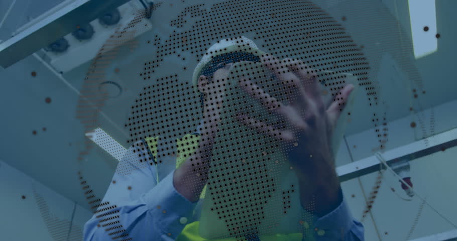 Field engineer reacting to globe overlay and scanning facility piping while writing notes for audit. Industrial, inspection, safety, technical, professional, infrastructure, detailed