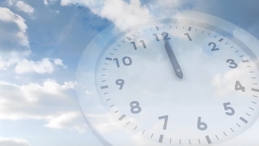 Opening transparent clock overlay on cloudy sky initiating hands moving clockwise showing time flow. Time lapse, celestial, minimalism, inspiration, tranquility, motion, nature