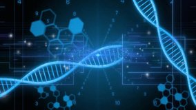 Code panels sliding over DNA helices, rotating, splitting and emitting data to show DNA separation. Biotechnology, digital, futuristic, molecular, science, innovation, technology - Powered by Shutterstock - Get 15% off with code: PIKWIZARD15