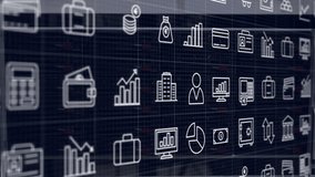On load, financial icons slowly scrolling left across navy grid creating parallax dashboard flow. Financial, technology, digital, analytics, data, innovation, corporate - Powered by Shutterstock - Get 15% off with code: PIKWIZARD15