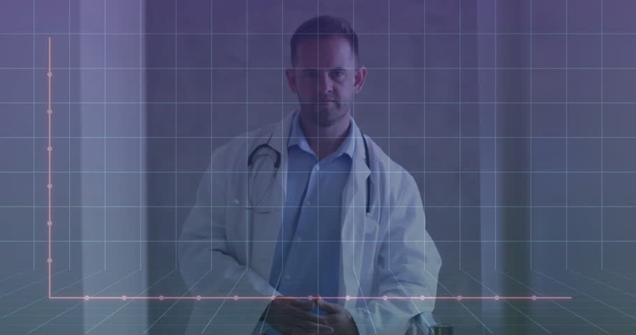 Doctor sitting at desk, grid overlay appearing, bars rising, markers shifting for medical chart. Healthcare, diagnostics, data visualization, professional, technology, analysis, innovation
