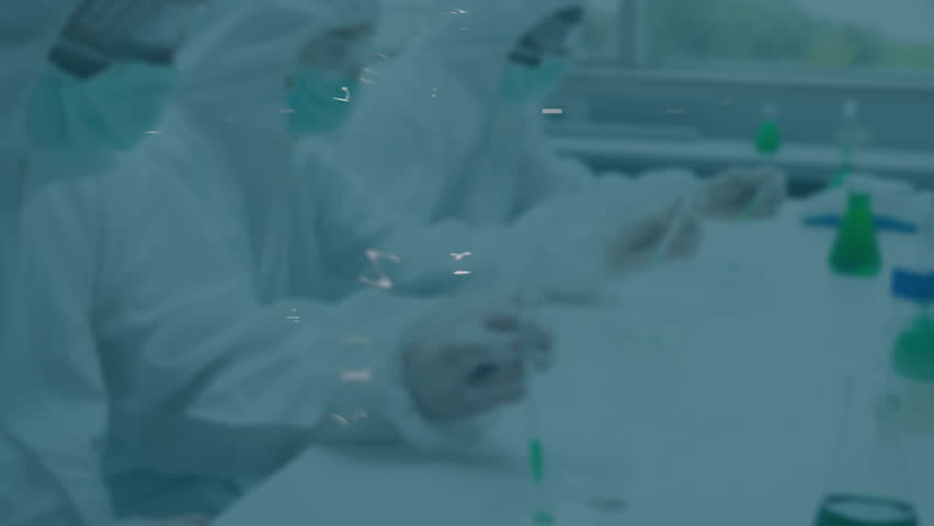 Scientists pipetting in biotech lab, circuit overlay drifting and padlock emerging showing security. Research, science, technology, innovation, cybersecurity, precision, laboratory - Powered by Shutterstock - Get 15% off with code: PIKWIZARD15