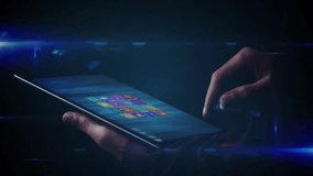 Fingertip pressing app icon on tablet, emitting particles, arcs and rising cubes, showing interface. Technology, innovation, holographic, interface, digital, futuristic, touchscreen - Powered by Shutterstock - Get 15% off with code: PIKWIZARD15