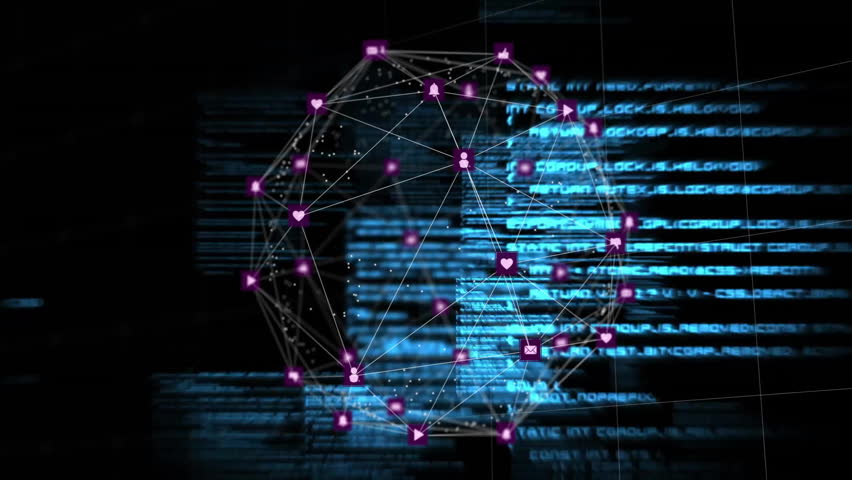 Sliding code starting 3D network sphere emerging, rotating, pulsing nodes icons showing links. Futuristic, technology, digital, connectivity, innovation, cyberspace, abstract