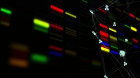 On start colored bars shifting and letters rising as wireframe net pulsing representing genomics. Data visualization, biomedical, digital art, healthtech, scientific, innovation, abstract design - Powered by Shutterstock - Get 15% off with code: PIKWIZARD15