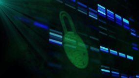 Green padlock emerging from dark grid, forming maze while code bars scrolling to show encryption. Cybersecurity, digital, security, protection, technology, futuristic, encryption - Powered by Shutterstock - Get 15% off with code: PIKWIZARD15