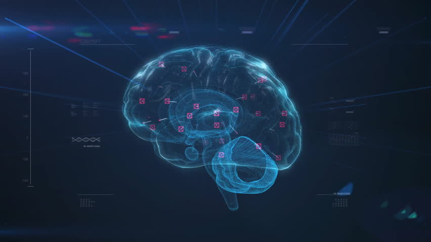 On startup red markers popping across blue holographic brain while rotating scan showing metrics. Neuroscience, technology, innovation, visualization, digital, analysis, futuristic