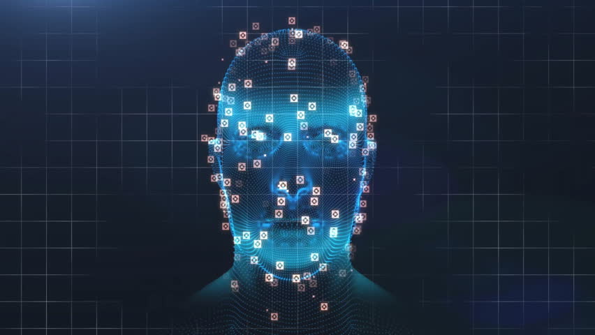 Glowing data nodes appearing sparking wireframe head model rotating and mapping info running scan. Technology, data, digital, innovation, neural, cybersecurity, analytics