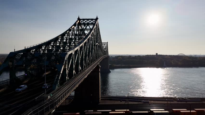 Montreal city skyline and Jacques-Cartier bridge at sunset, Quebec, Canada