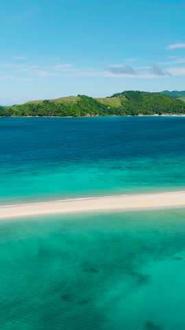 Aerial view of Bon Bon Sandbank and Beach with white sand. Romblon Island. Romblon, Philippines. Vertical view.