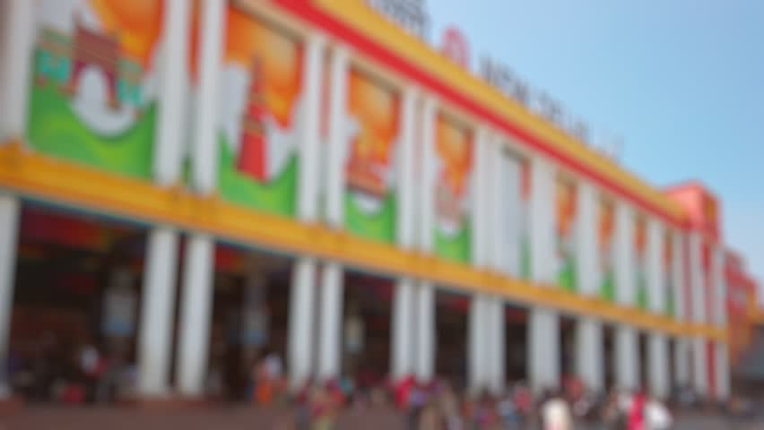 Bokeh view of NDLS railway station in New Delhi, India. Blurred background footage.