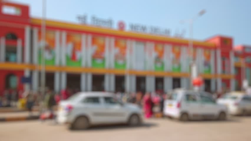 Bokeh view of NDLS railway station in New Delhi, India. Blurred background footage.