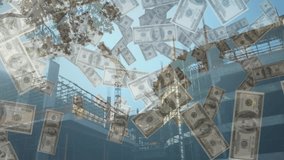 Dense dollar bills drifting downward revealing scaffolded building frame and red crane. Finance, investment, skyscraper, urban landscape, industrial, growth, commerce - Powered by Shutterstock - Get 15% off with code: PIKWIZARD15