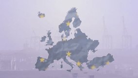 Fade-in showing transparent Europe map over port, glowing stars pulsing to show shipping hubs. Geography, logistics, connectivity, maritime, industrial, infrastructure, navigation - Powered by Shutterstock - Get 15% off with code: PIKWIZARD15