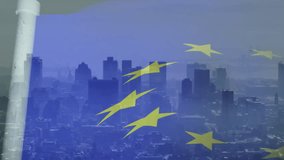 Metal pole lowering blue overlay while yellow stars drifting across skyline to represent EU flag. Urban, skyline, abstract, patriotic, modern, civic, visionary - Powered by Shutterstock - Get 15% off with code: PIKWIZARD15