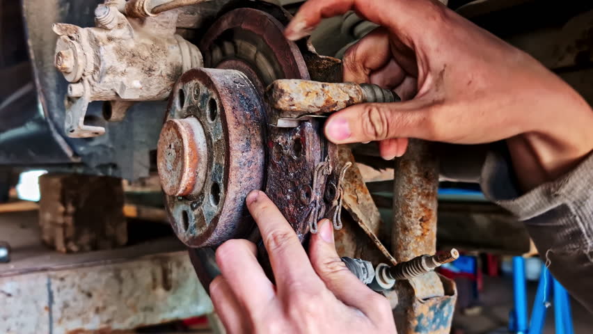 Mechanic removing rare brake caliper from rusted brake disk during repair in workshop