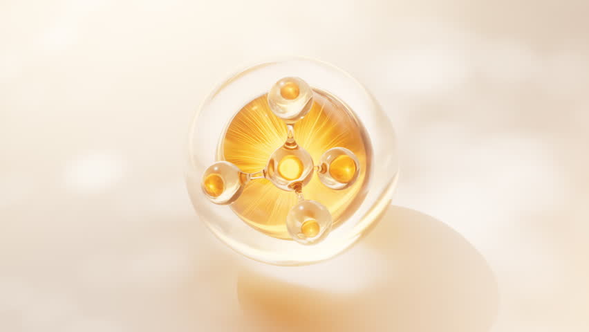 Biological golden molecule with bubble background, 3d rendering. Motion graphic.