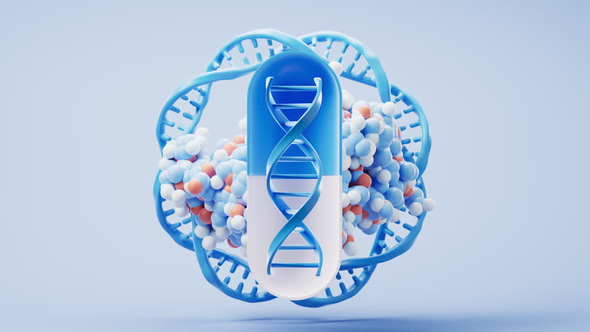 Biological proteins and medical capsule, 3d rendering. Motion graphic.