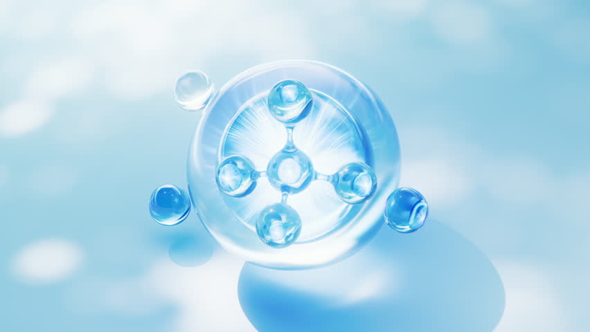 Blue liquid molecule and water bubbles, 3d rendering. Motion graphic.