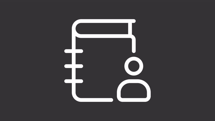 Contact book ui icon white line animation. Collection of screen names. Keeping phone numbers and emails for communication animated user interface element on dark background. Transparent HD video